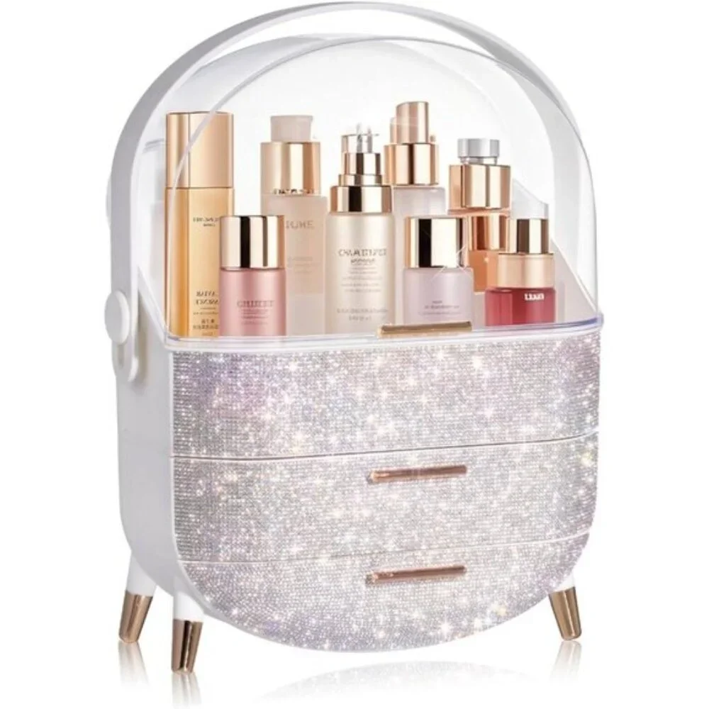 Oval Egg-Shaped Makeup Storage Box, Portable Vanity Organizer - Rhinestone White